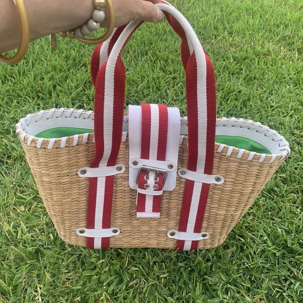 Donna Dixon Jennifer Rattan Basket Weave Red White Strap Tan Tote Handbag Purse